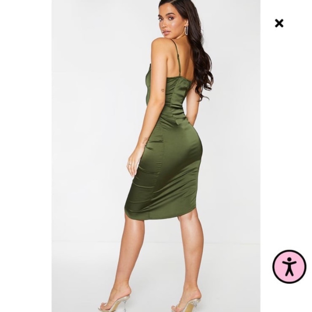 Elegant Olive Green Ruched Dress - Picture 2 of 4